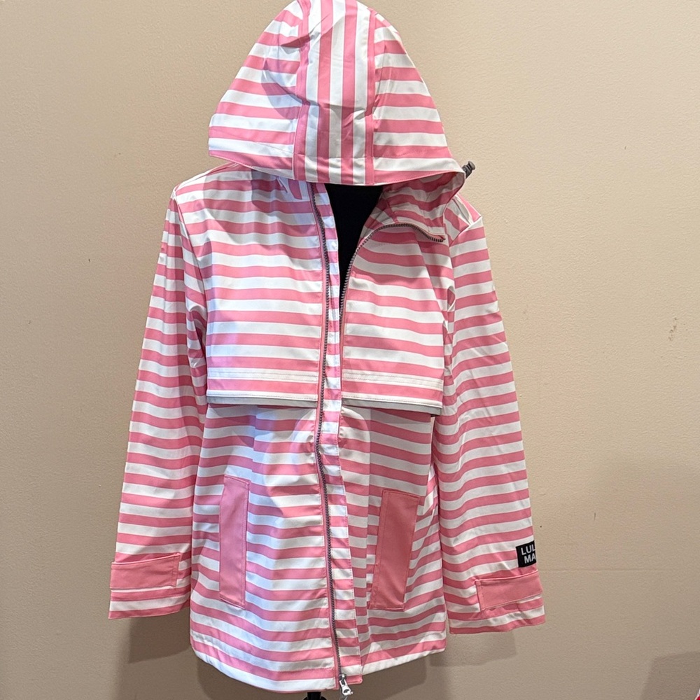 LULU MAC Pink and White Striped Hooded Rain Jacket Size Large